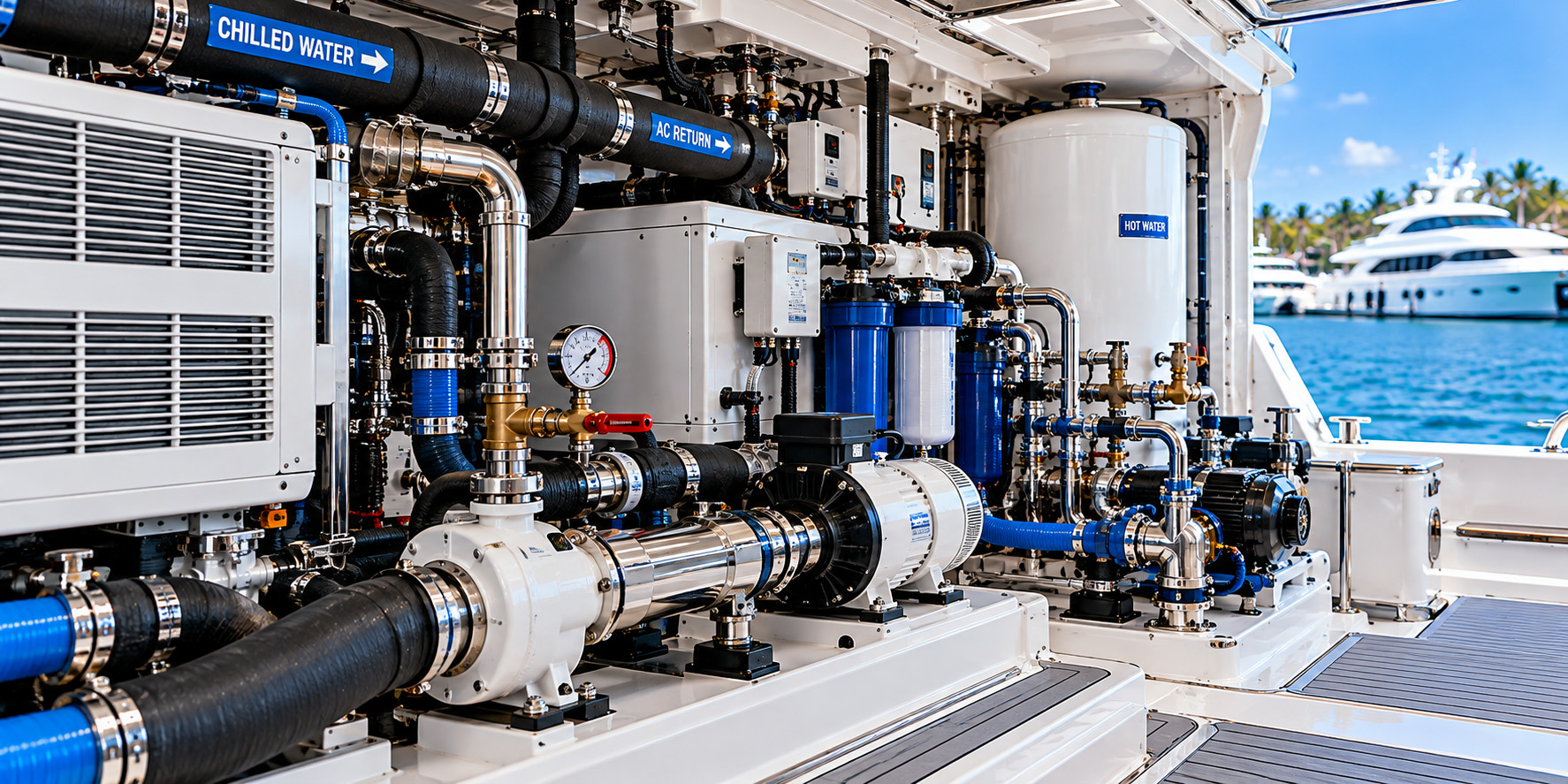 Yacht mechanical systems featuring pumps, valves, chilled-water piping, HVAC equipment, and freshwater system components in a marine machinery compartment.