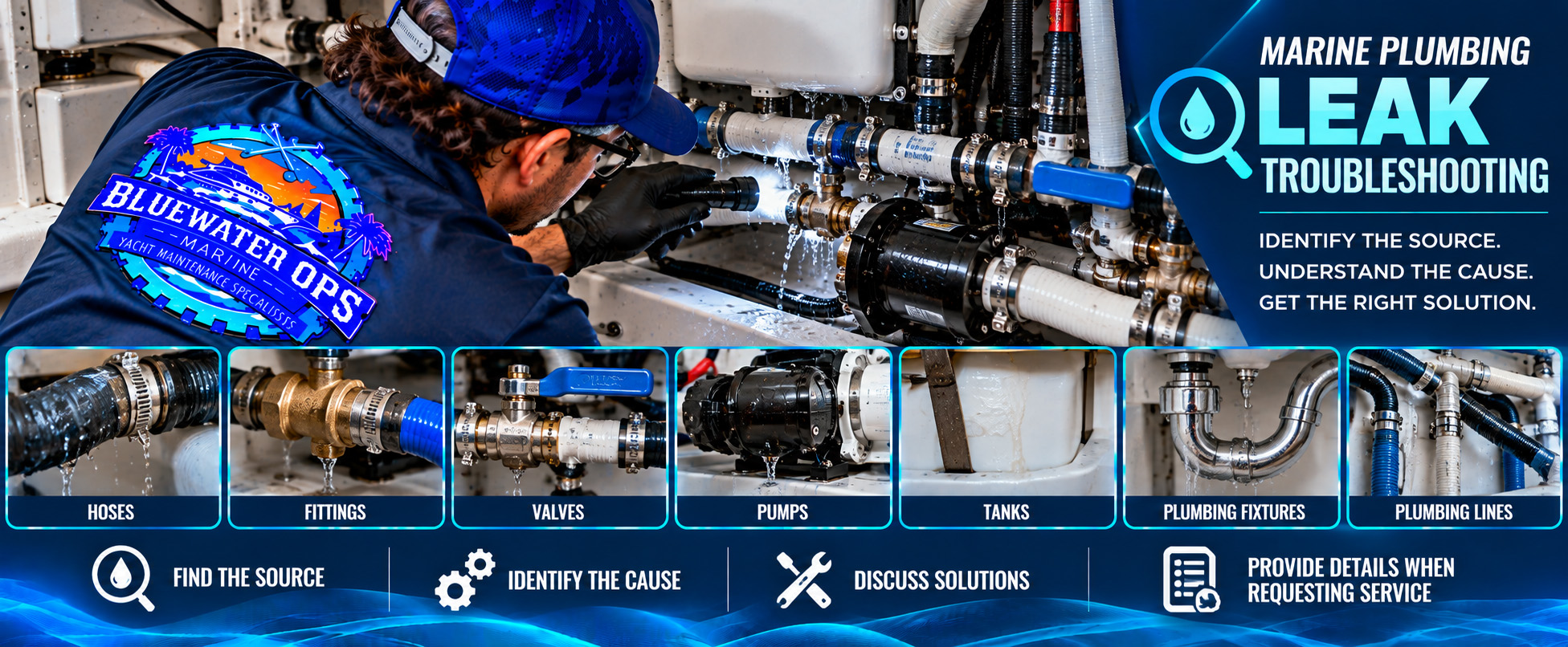 Marine plumbing leak troubleshooting infographic showing a Bluewater Ops Marine technician inspecting onboard plumbing, with examples of potential leak points including hoses, fittings, valves, pumps, tanks, plumbing fixtures, and water lines.