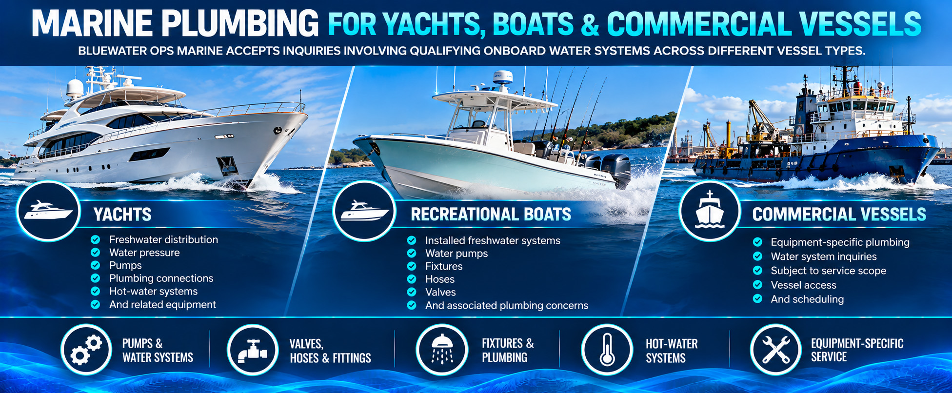 Marine plumbing service infographic featuring a luxury yacht, recreational boat, and commercial vessel, highlighting onboard freshwater systems, water pressure, pumps, plumbing connections, hoses, valves, fittings, fixtures, and hot-water systems.