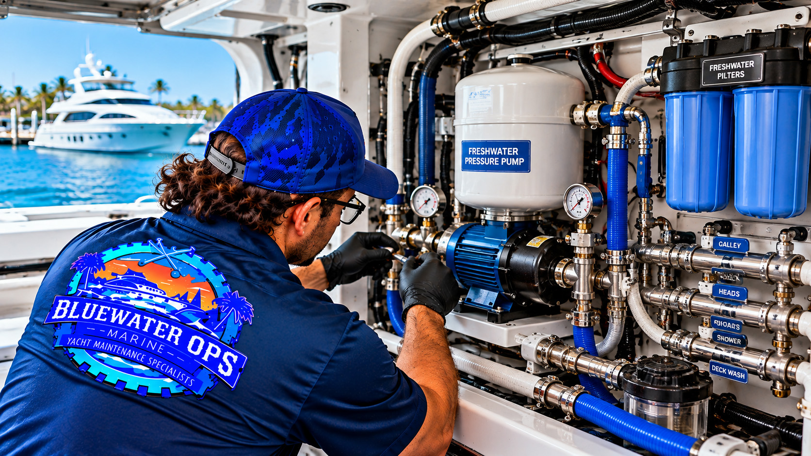 Bluewater Ops Marine technician inspecting a yacht&rsquo;s freshwater plumbing system, including a pressure pump, freshwater filters, pressure gauges, hoses, valves, and water distribution connections.