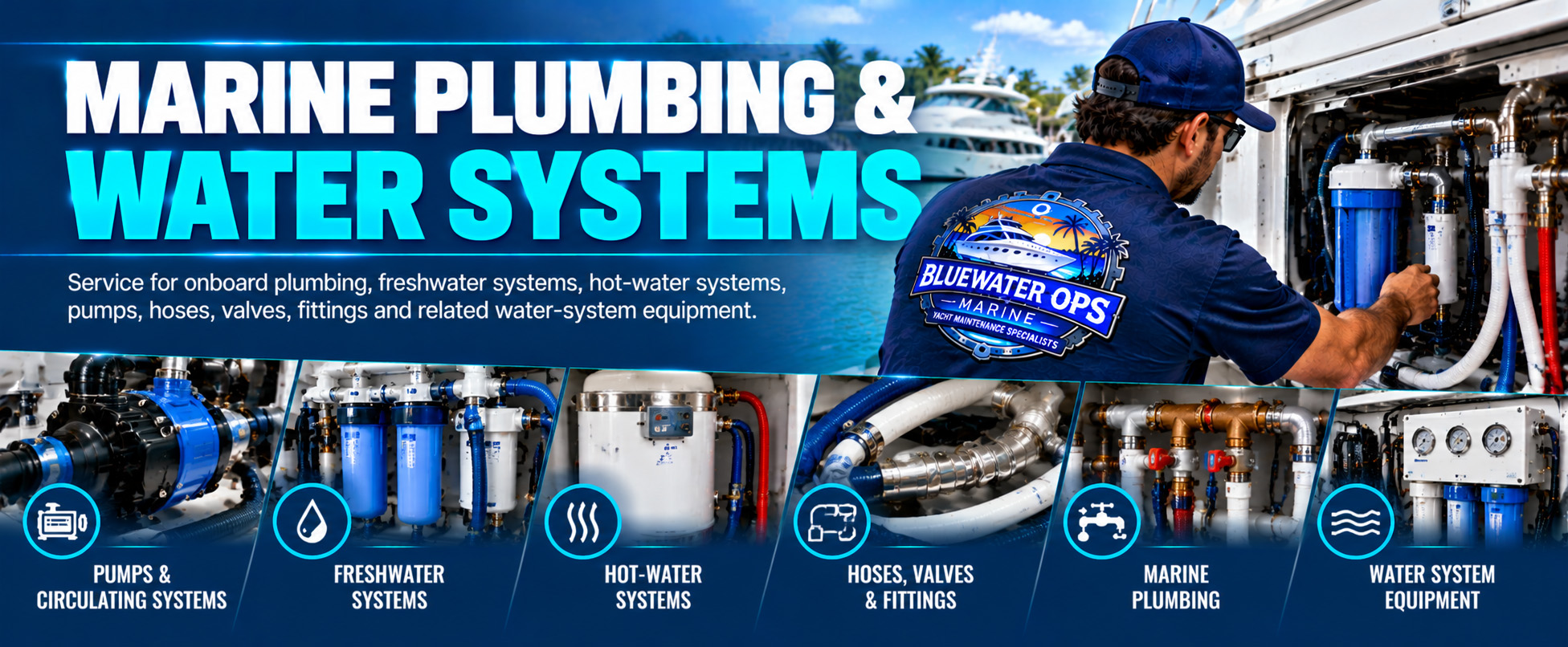 Bluewater Ops Marine technician servicing yacht plumbing, freshwater, hot-water, pumps, hoses, valves and water systems in South Florida