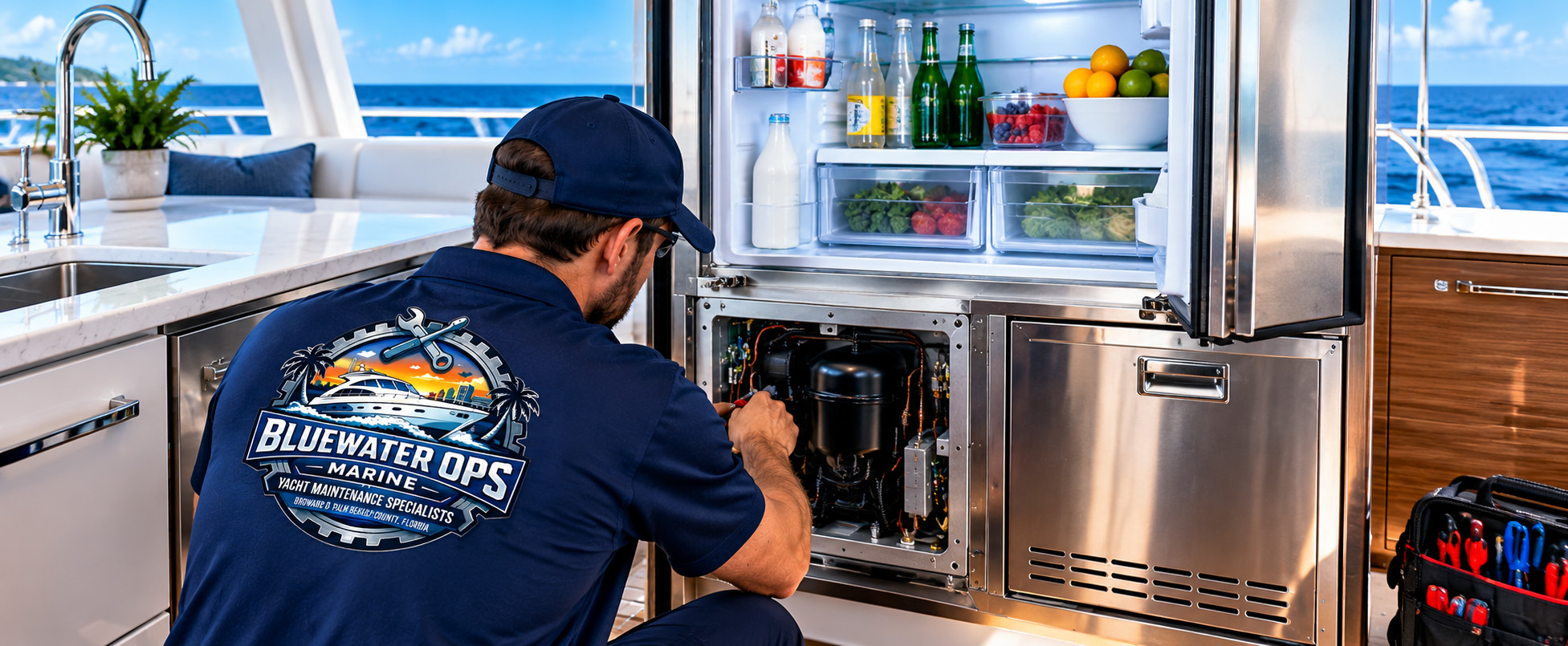 Marine technician repairing a yacht refrigerator compressor aboard a boat in South Florida