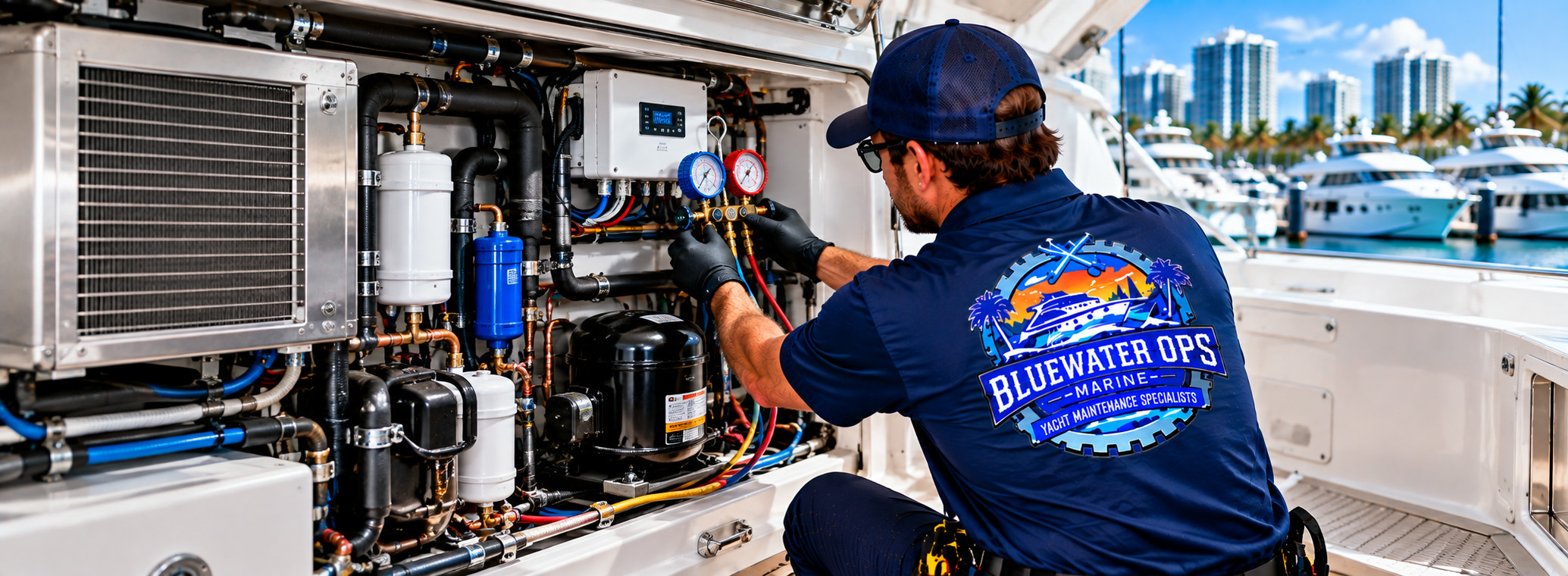 Bluewater Ops Marine technician servicing a yacht refrigeration system with compressors, piping and related components in South Florida