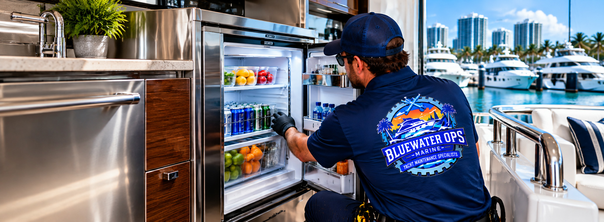 Bluewater Ops Marine technician servicing a built-in marine refrigerator aboard a yacht in South Florida