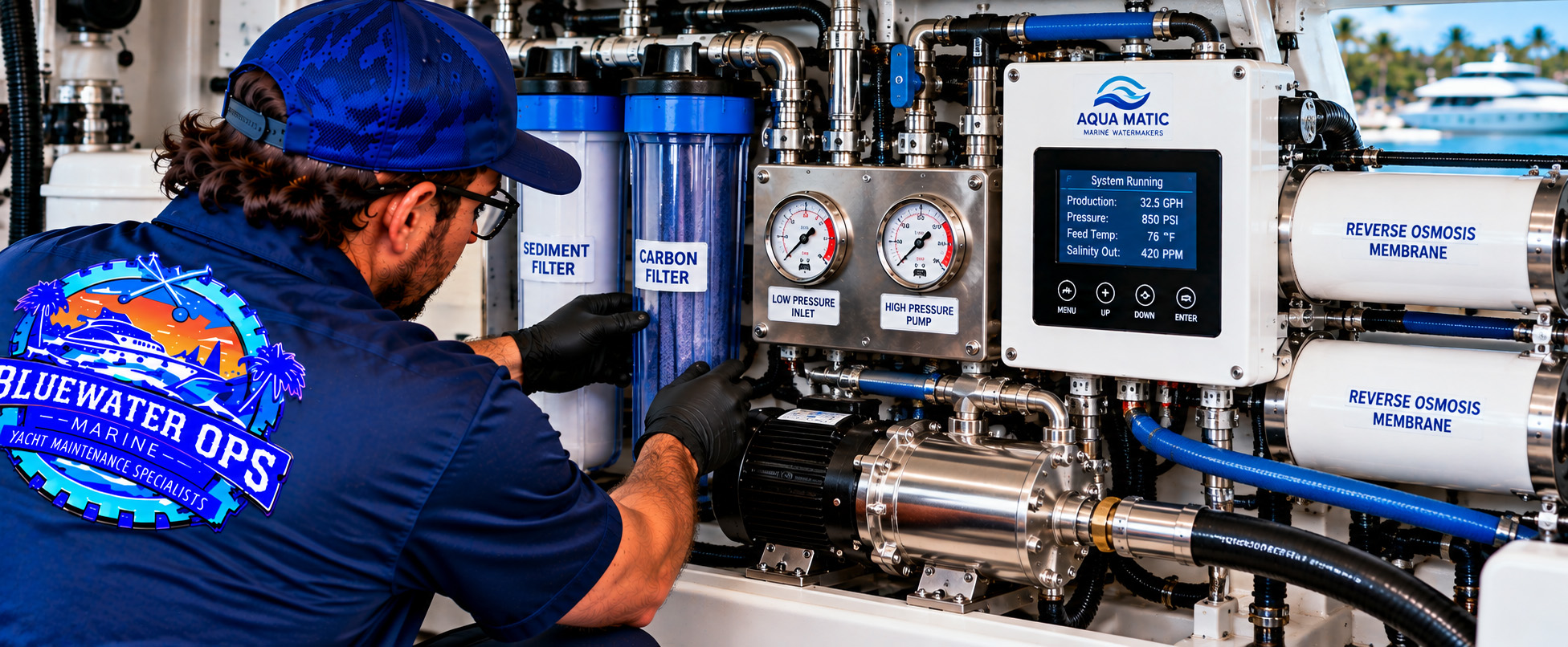 Bluewater Ops Marine technician inspecting a yacht's marine reverse osmosis watermaker, checking filtration components, pressure gauges, pump connections, and system controls to troubleshoot reduced freshwater output and operating issues.