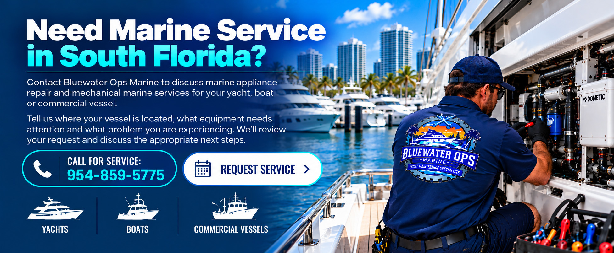 Bluewater Ops Marine technician providing marine appliance repair and mechanical marine service for yachts, boats and commercial vessels in South Florida