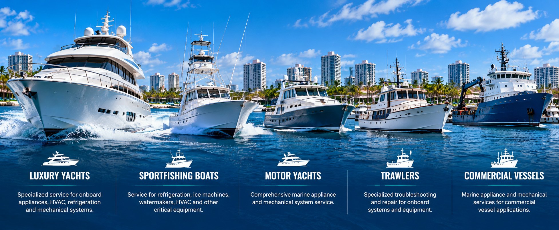 Luxury yachts, sportfishing boats, motor yachts, trawlers and commercial vessels served by Bluewater Ops Marine in South Florida