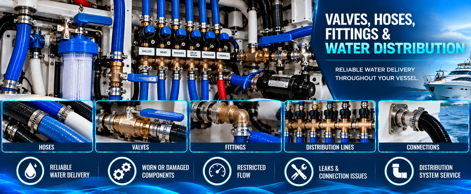 Marine water distribution infographic featuring yacht plumbing hoses, valves, brass fittings, distribution lines, and connections, highlighting common issues including worn components, restricted water flow, leaks, and plumbing connection problems.