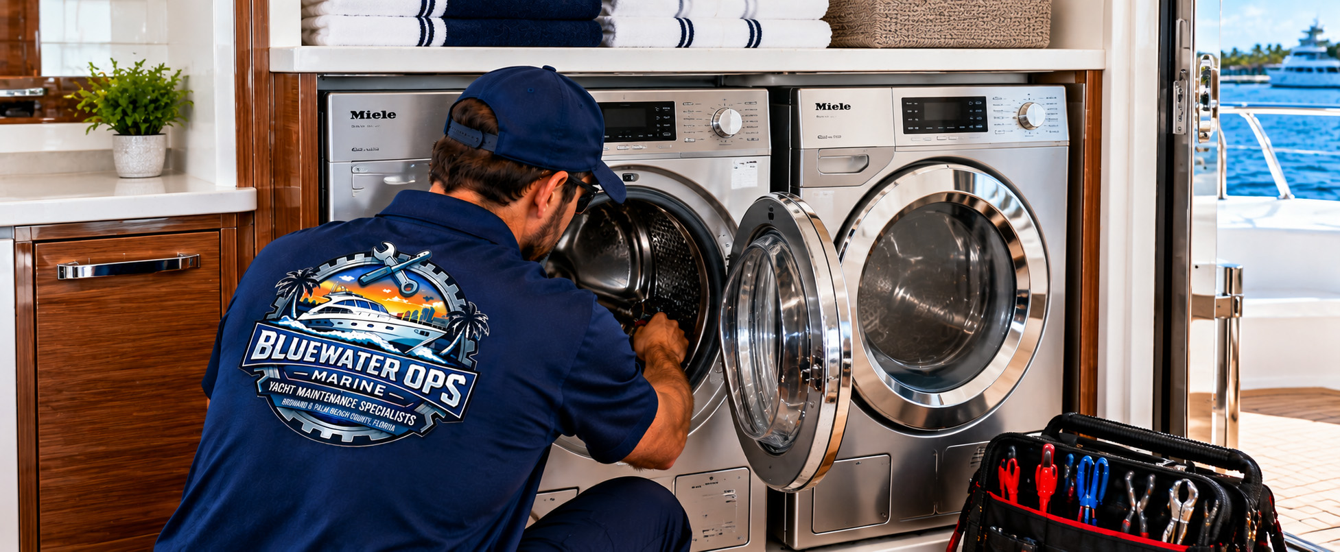 Marine technician servicing yacht washer and dryer appliances aboard a vessel in South Florida