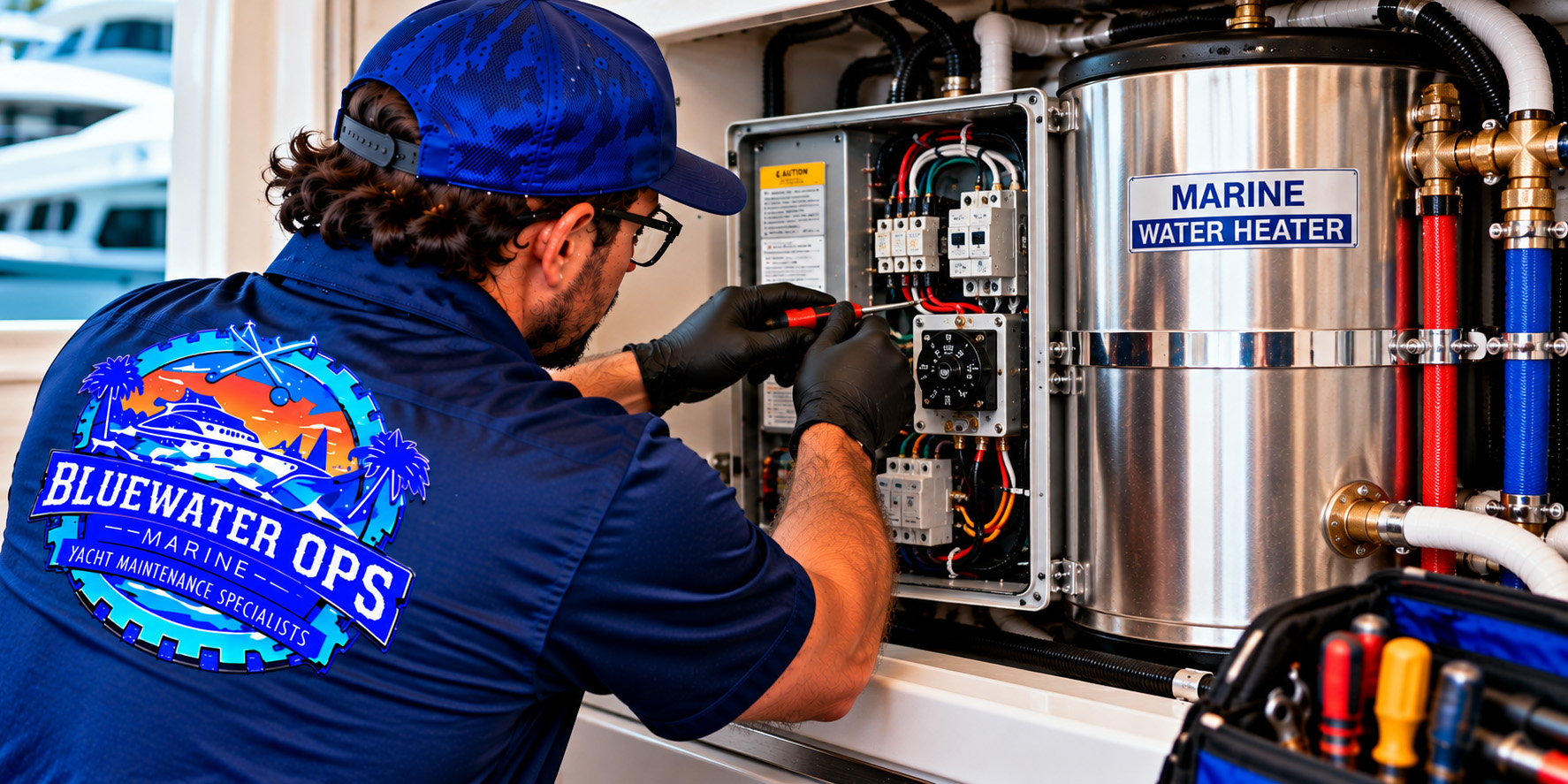 Marine Water Heater Controls & Electrical Troubleshooting Bluewater Ops Marine technician inspecting the electrical control panel and wiring of a stainless steel marine water heater aboard a yacht.