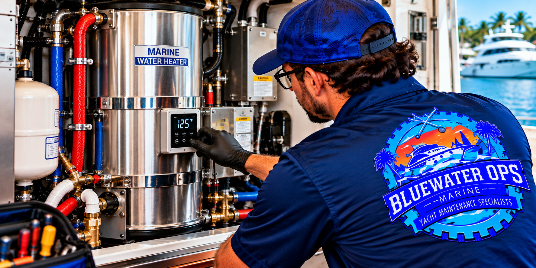 Marine Water Heater Hot Water Heating Problems Bluewater Ops Marine technician adjusting the digital temperature controls on a stainless steel marine water heater aboard a yacht.