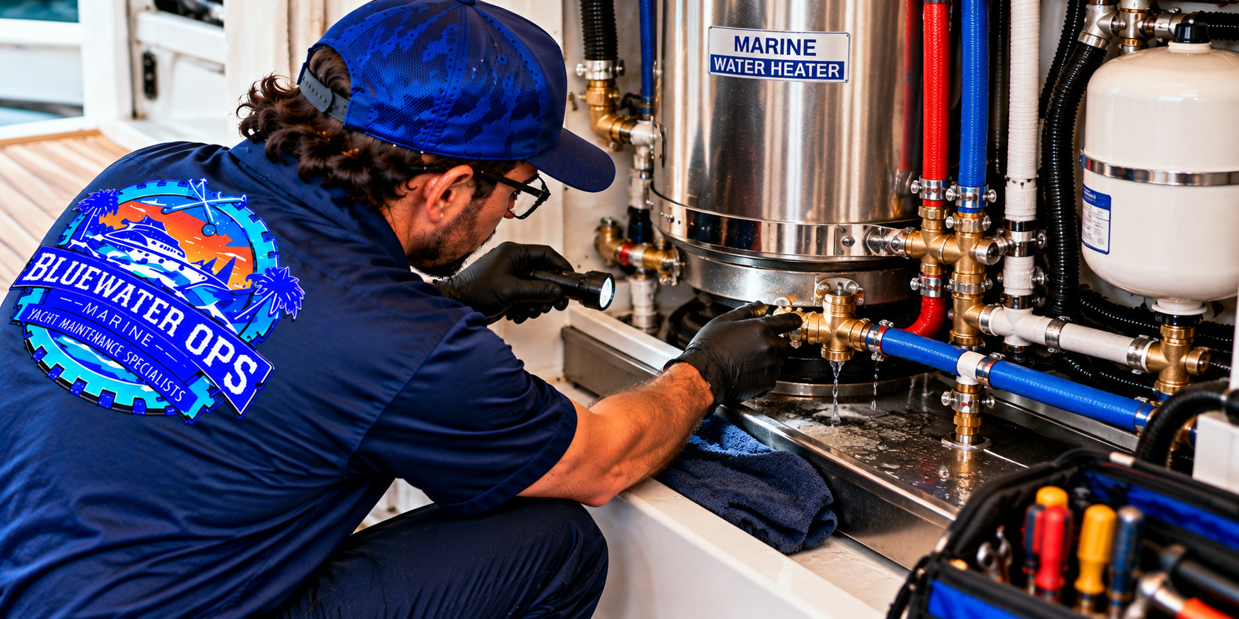Marine Water Heater Leak Inspection Bluewater Ops Marine technician inspecting a leaking stainless steel marine water heater, checking brass valves, plumbing connections and hoses aboard a yacht.