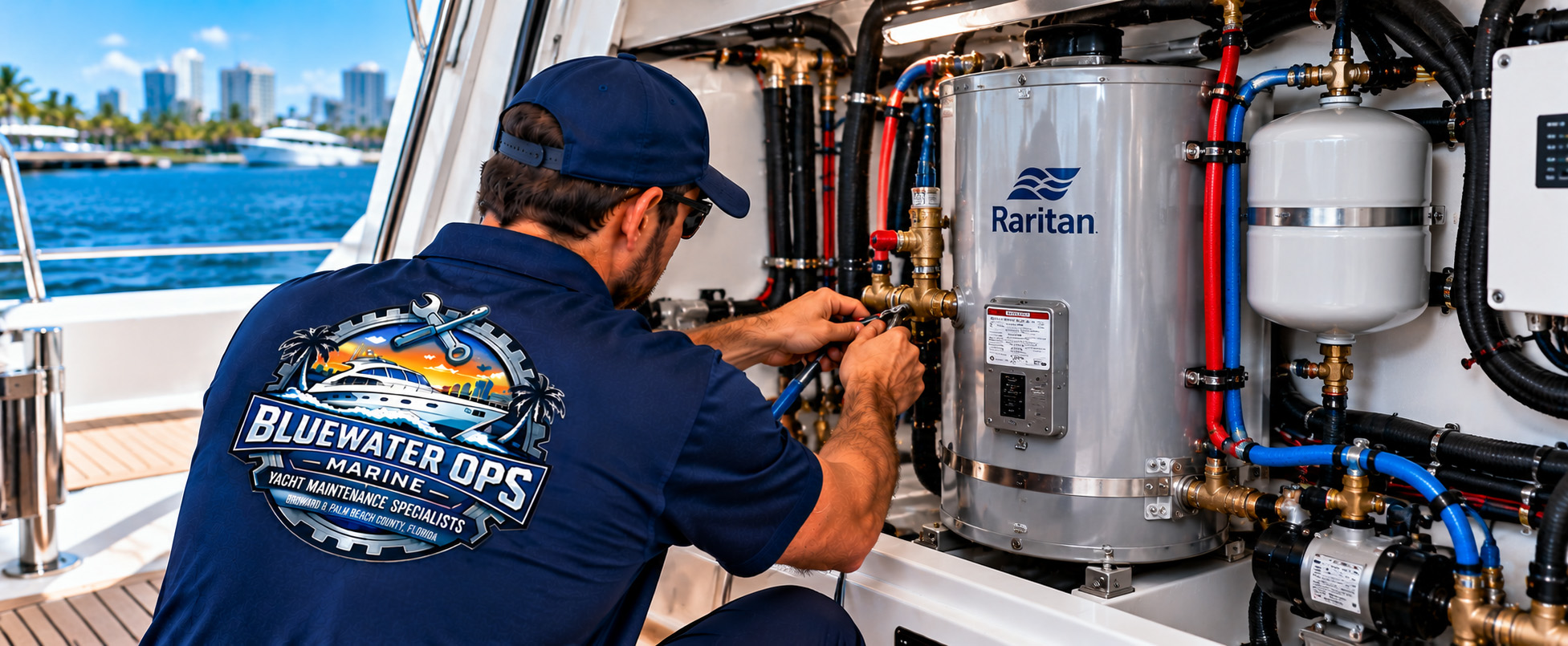 Marine technician servicing a yacht water heater and hot-water system in South Florida