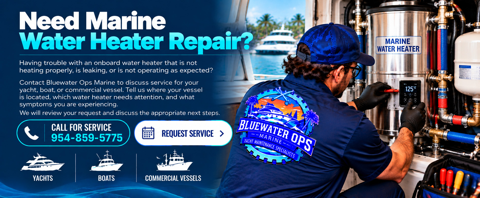 Need Marine Water Heater Repair? | Bluewater Ops Marine Bluewater Ops Marine technician servicing a stainless steel marine water heater aboard a yacht, promoting water heater repair inquiries for yachts, boats, and commercial vessels in South Florida.