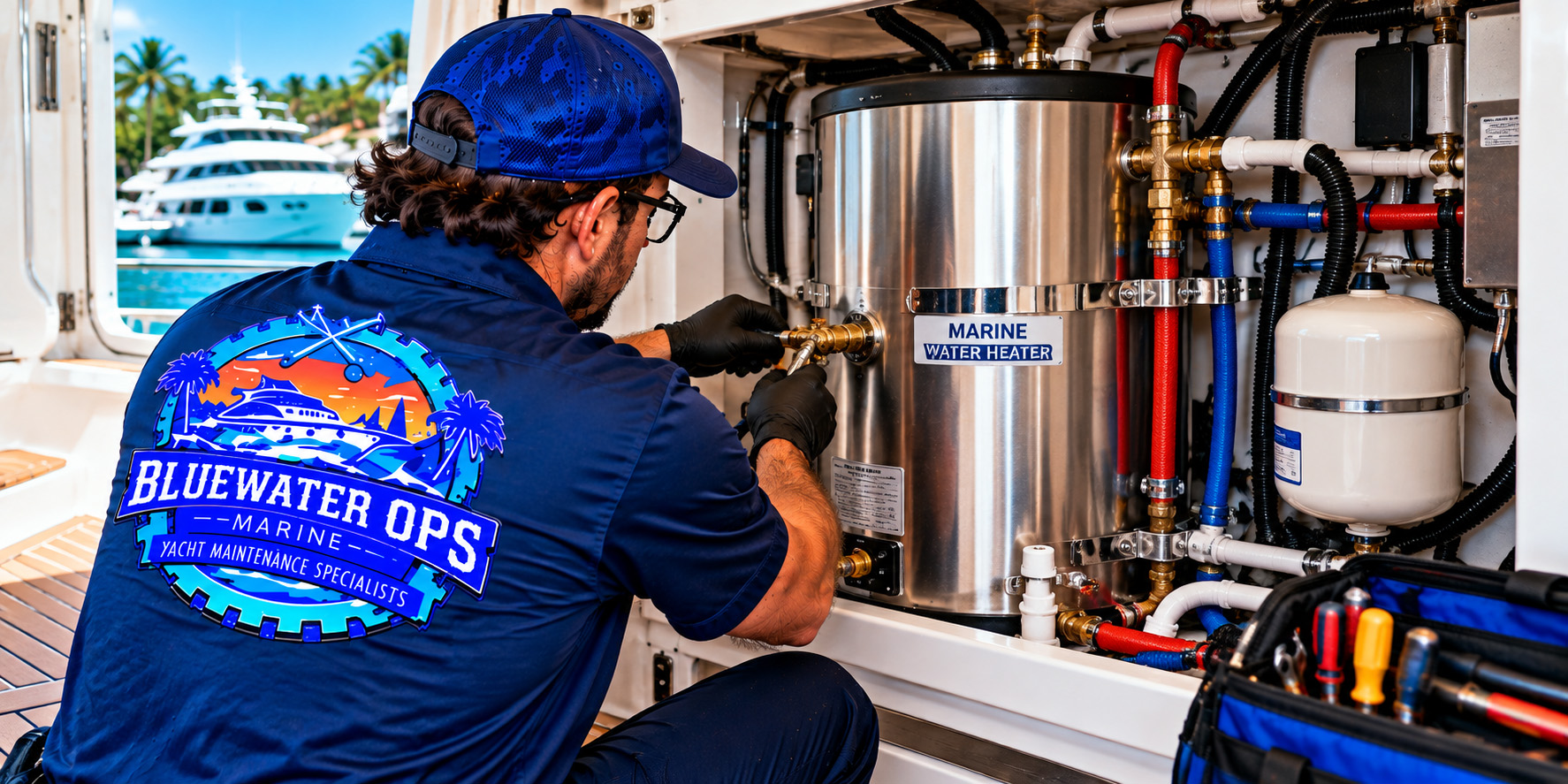 Marine Water Heater Service for Yachts & Boats Bluewater Ops Marine technician servicing a stainless steel marine water heater and inspecting plumbing connections aboard a yacht.