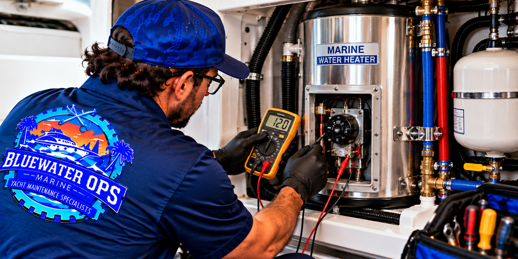 Marine Water Heater Troubleshooting & Diagnostics Bluewater Ops Marine technician testing the electrical controls of a stainless steel marine water heater with a digital multimeter aboard a yacht.