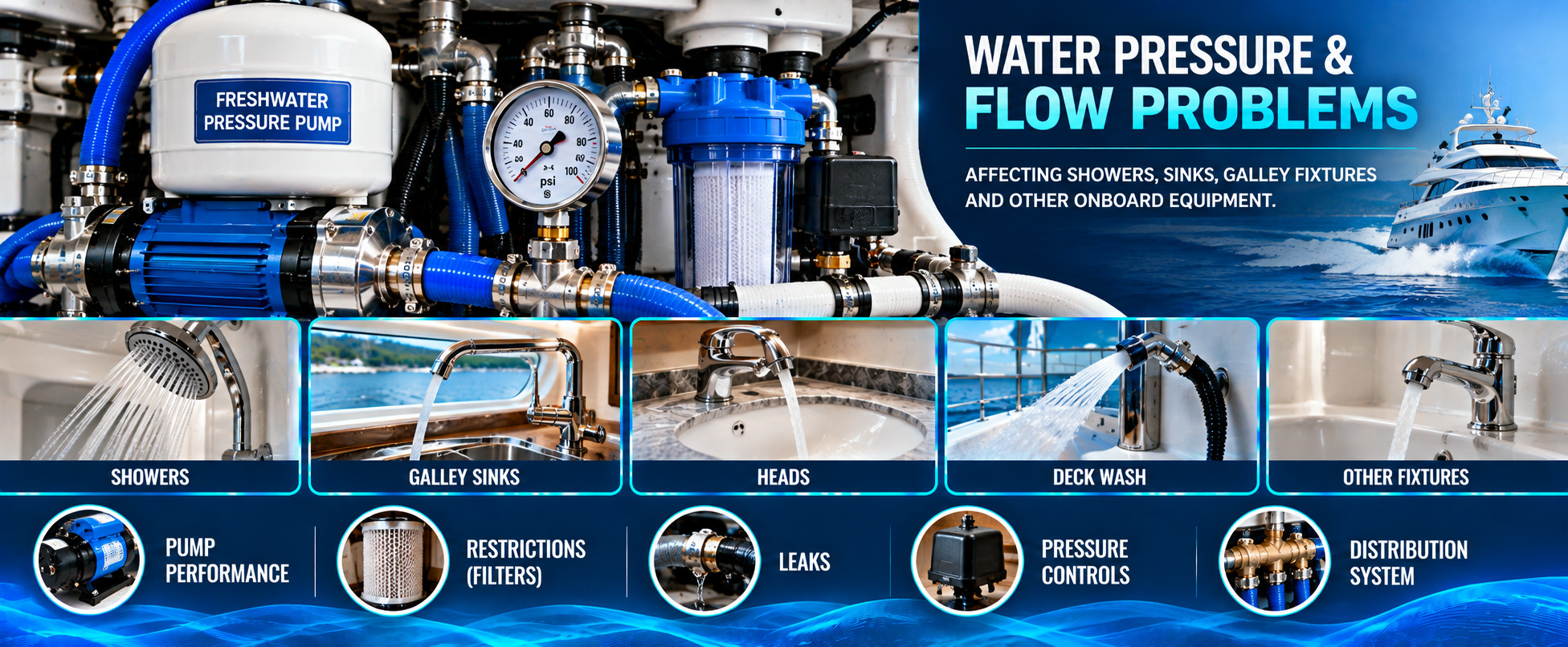 Marine water pressure and flow troubleshooting infographic featuring a yacht freshwater pressure pump, pressure gauge, and filter, with examples of showers, galley sinks, heads, deck wash, and other fixtures, highlighting potential issues with pump performance, restrictions, leaks, pressure controls, and water distribution.