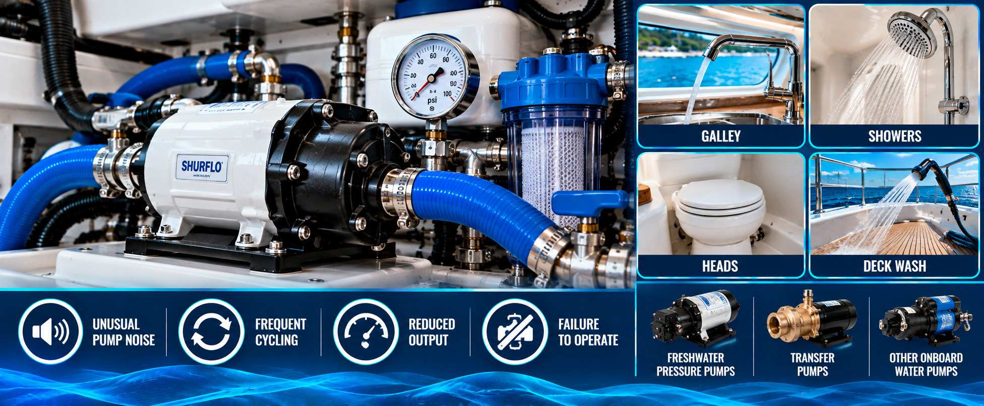 Marine water pump service infographic featuring a yacht freshwater pressure pump, pressure gauge, filter, hoses, and plumbing connections, with examples of galley, shower, head, and deck-wash applications and common pump problems including unusual noise, frequent cycling, reduced output, and failure to operate.