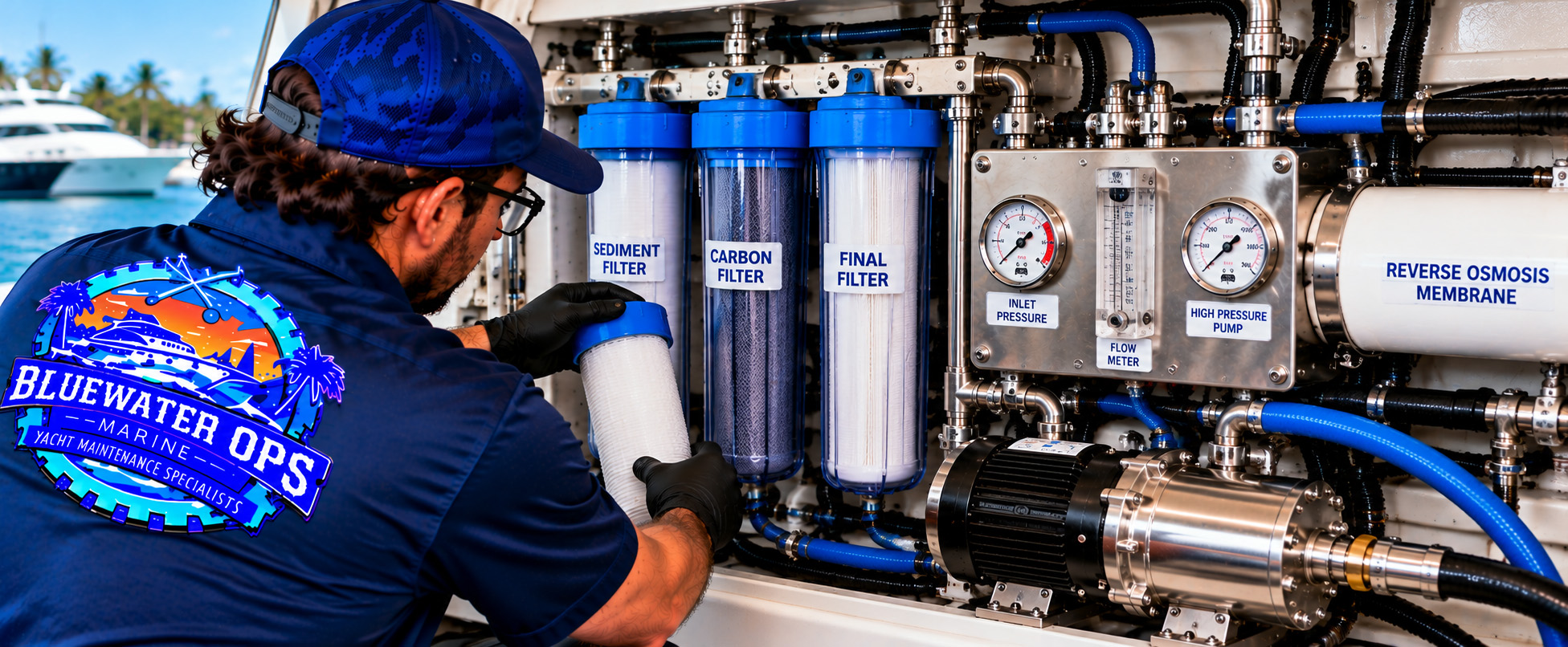Bluewater Ops Marine technician inspecting and replacing a marine watermaker filter cartridge while checking filtration housings, pressure gauges, flow meters, and reverse osmosis components aboard a yacht.