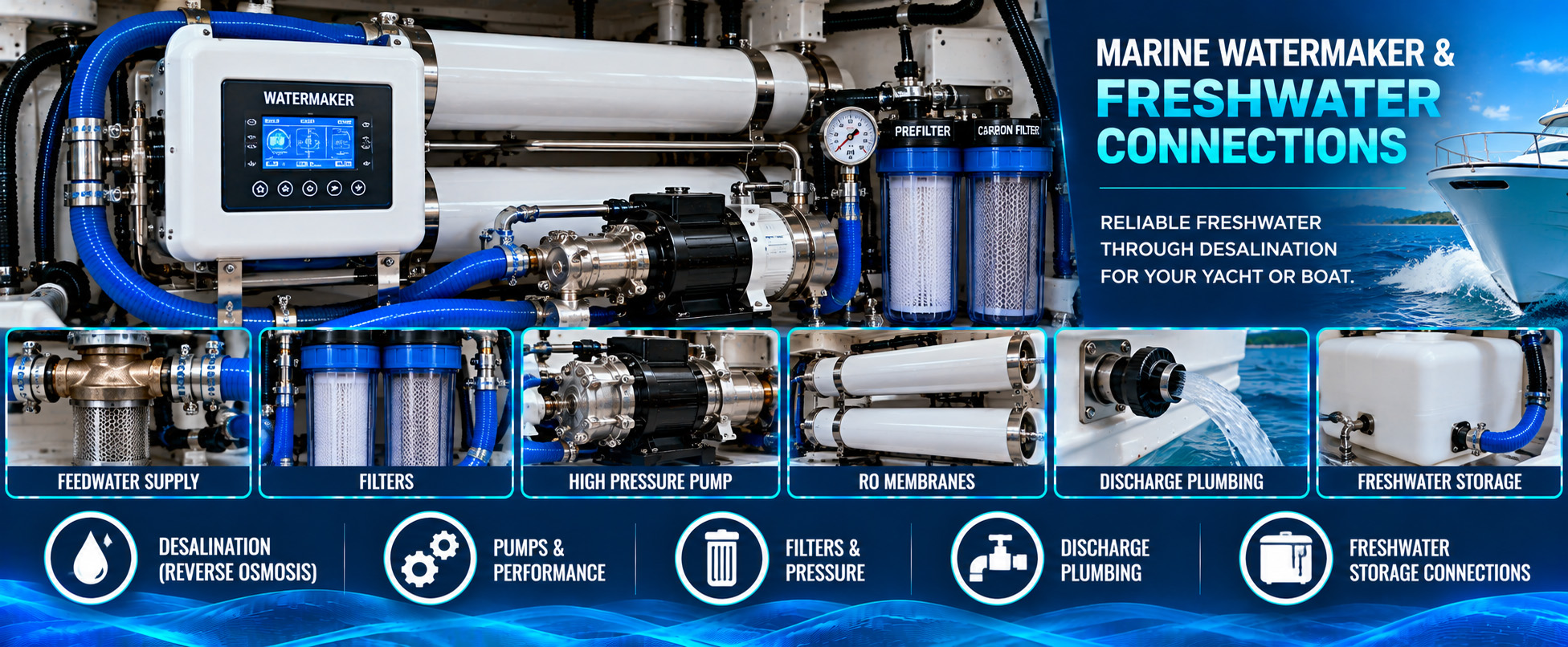 Marine watermaker and freshwater connections infographic featuring a yacht reverse osmosis desalination system, prefilters, high-pressure pump, RO membranes, discharge plumbing, and freshwater storage connections.
