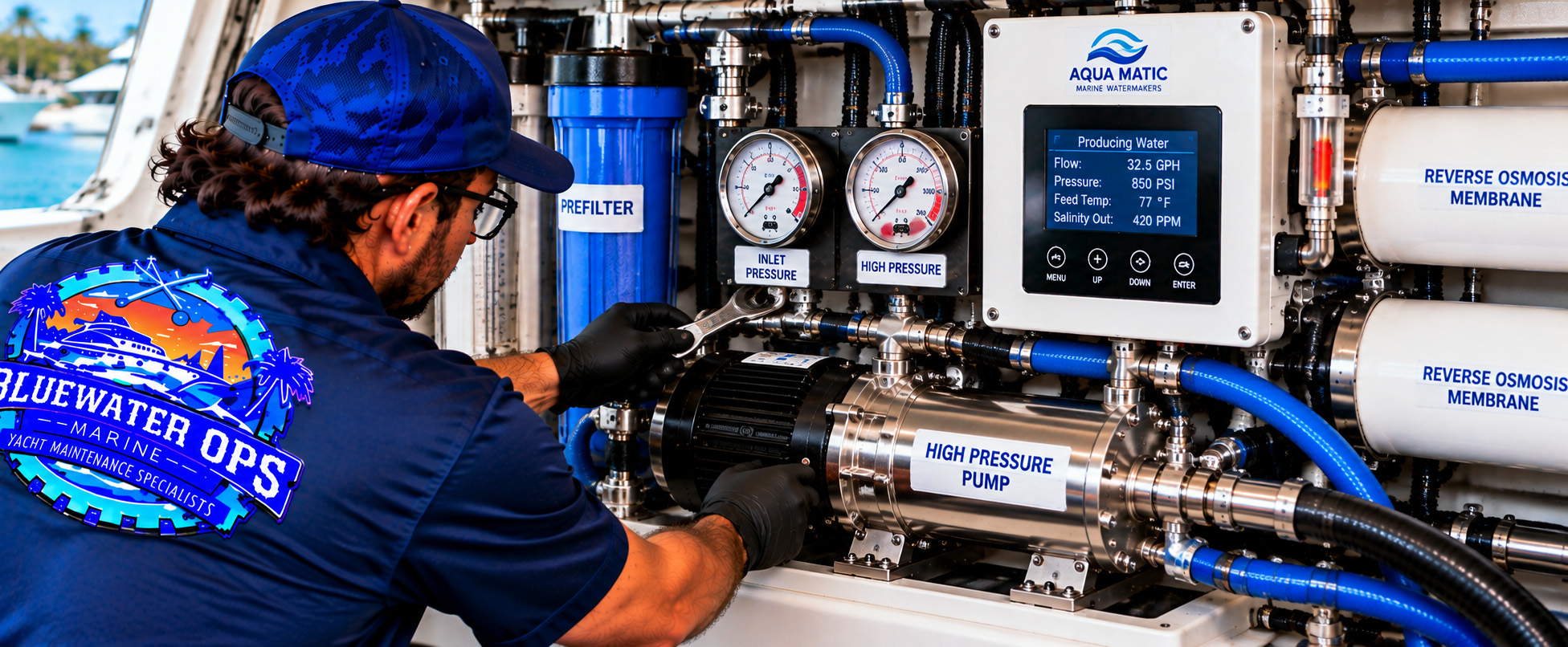Bluewater Ops Marine technician inspecting a yacht's marine watermaker high-pressure pump, pressure gauges, plumbing connections, and reverse osmosis system components to troubleshoot pump and pressure-related operating issues.