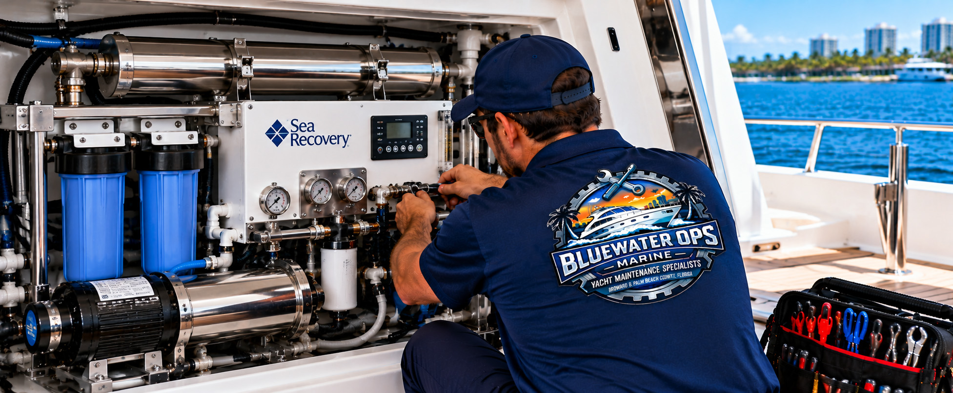 Marine technician servicing a yacht watermaker and freshwater system in South Florida