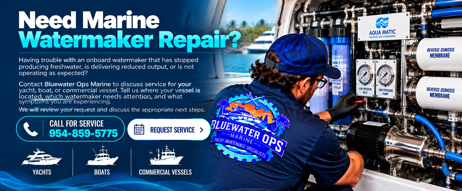 Bluewater Ops Marine technician servicing a yacht's reverse osmosis watermaker system, with a promotional banner for marine watermaker repair for yachts, boats, and commercial vessels in South Florida.
