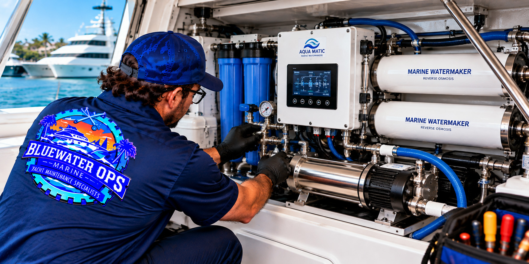 Bluewater Ops Marine technician inspecting a marine reverse osmosis watermaker system aboard a yacht, including filtration components, pressure gauges, stainless steel membranes, and plumbing connections.