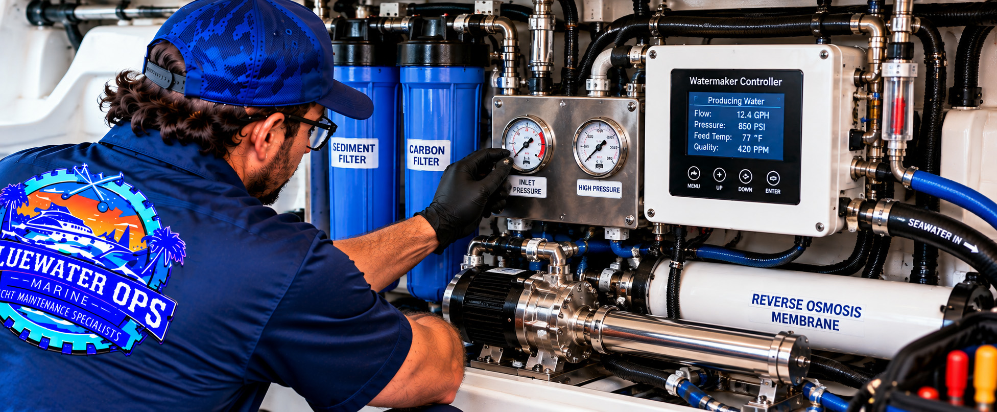 Bluewater Ops Marine technician checking pressure gauges and reverse osmosis components while troubleshooting a yacht watermaker with reduced or inconsistent freshwater production.