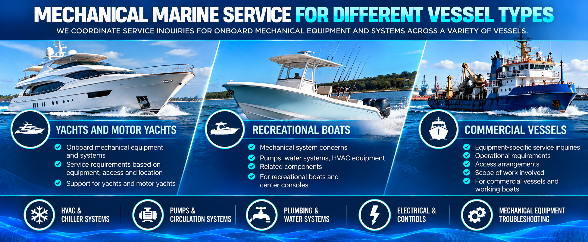 Marine mechanical service infographic featuring a luxury yacht, recreational boat, and commercial vessel, highlighting onboard HVAC and chiller systems, pumps and circulation, plumbing and water systems, electrical controls, and mechanical equipment troubleshooting.