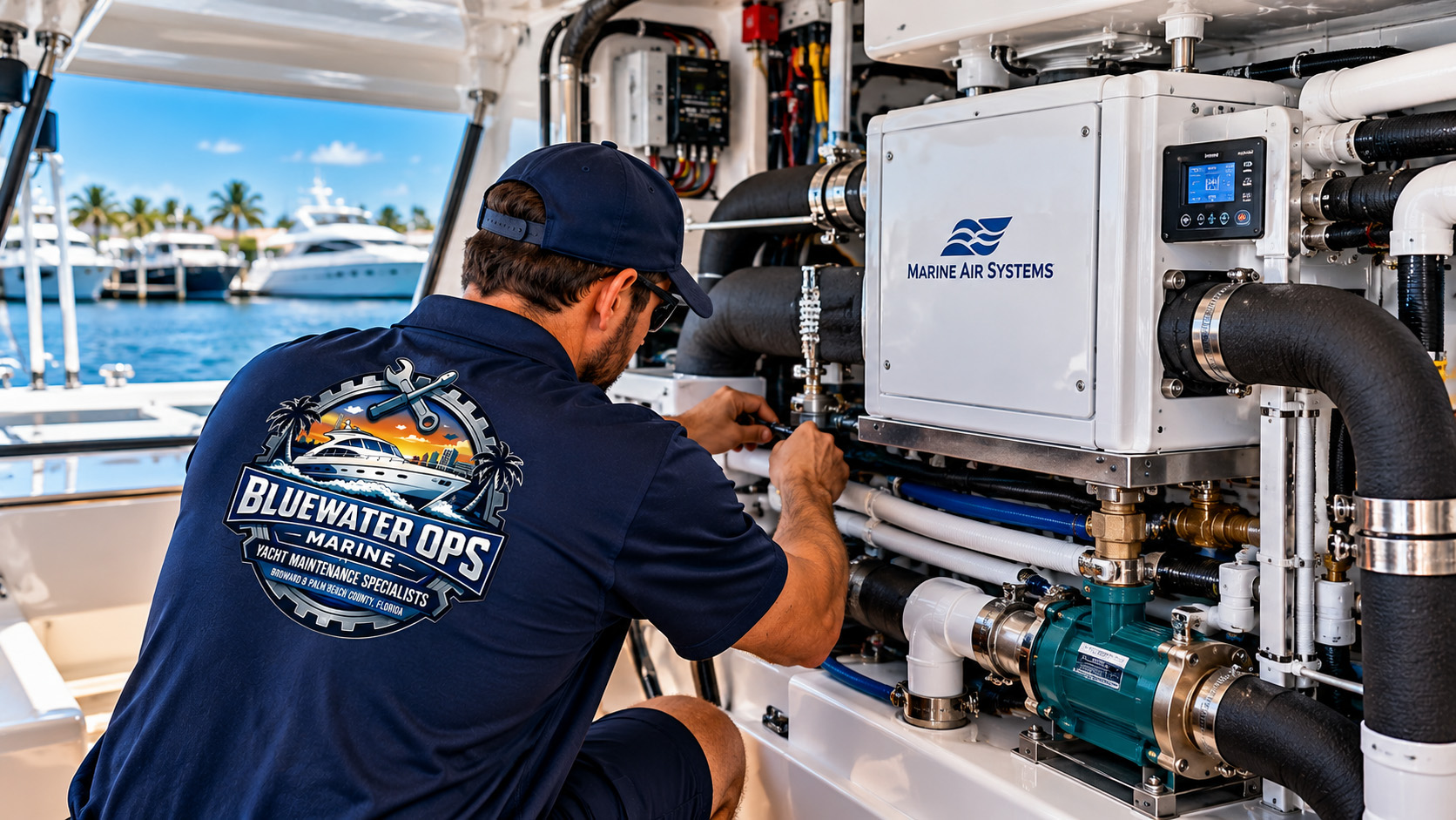 Marine technician repairing yacht HVAC and mechanical systems aboard a vessel in South Florida