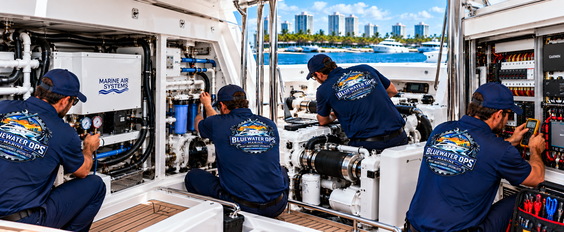 Marine technicians servicing yacht HVAC, plumbing, mechanical and electrical systems in South Florida