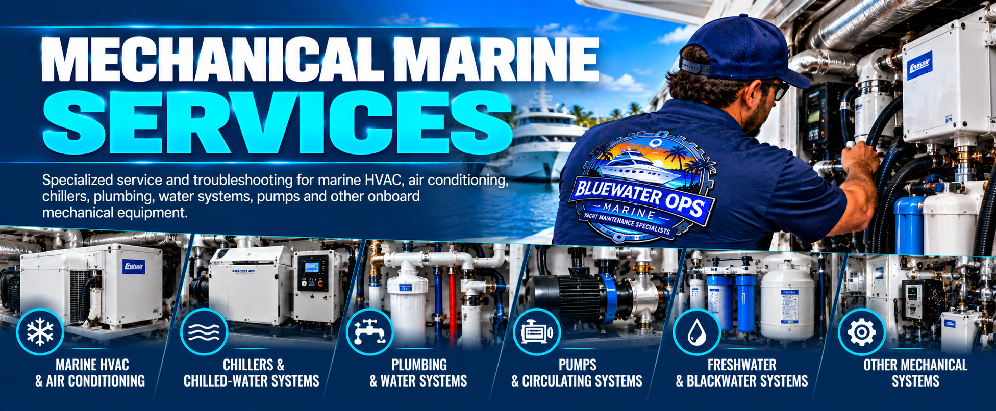 Bluewater Ops Marine technician servicing yacht HVAC, chillers, plumbing, water systems, pumps and mechanical equipment in South Florida Subbly No Templates. No Plugins Bluewater Ops Marine technician servicing yacht HVAC, chillers, plumbing, water systems, pumps and mechanical equipment in South Florida