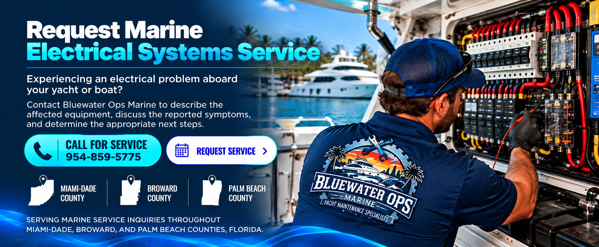 Bluewater Ops Marine technician wearing the company logo while testing a yacht&rsquo;s electrical control panel, alongside a service banner with phone number 954-859-5775 and marine electrical service coverage in Miami-Dade, Broward, and Palm Beach Counties, Florida.