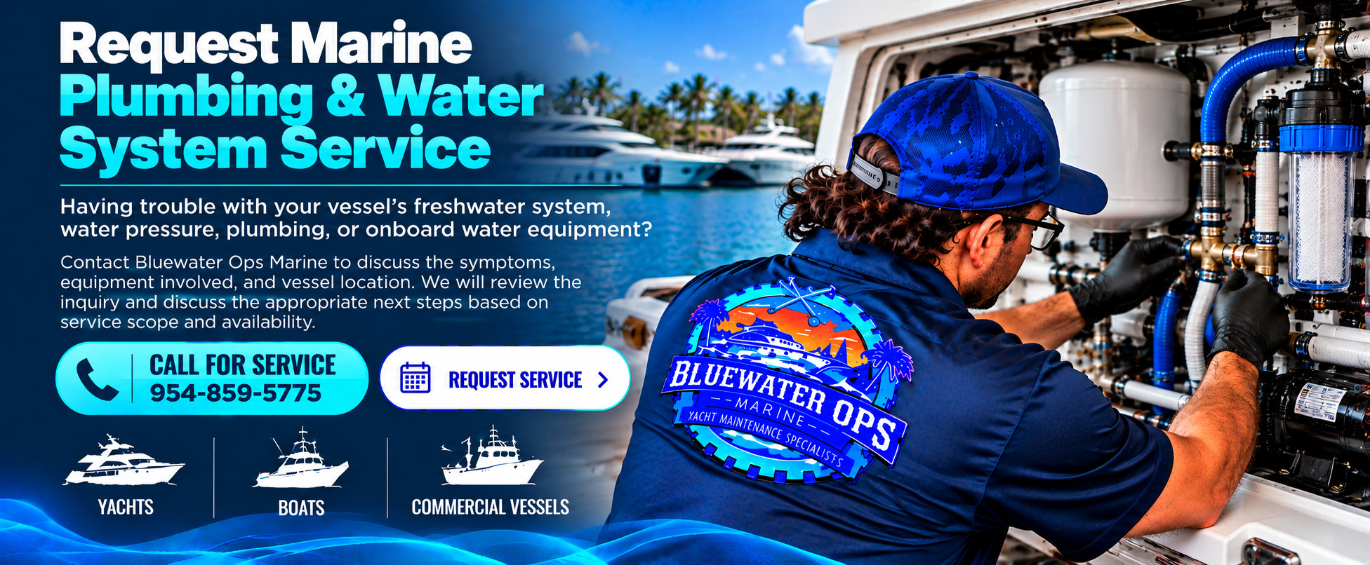 Bluewater Ops Marine technician inspecting a yacht&rsquo;s freshwater plumbing system, including pumps, hoses, filters, and water connections, alongside a service banner inviting yacht, boat, and commercial vessel owners to request marine plumbing and water system service in South Florida.