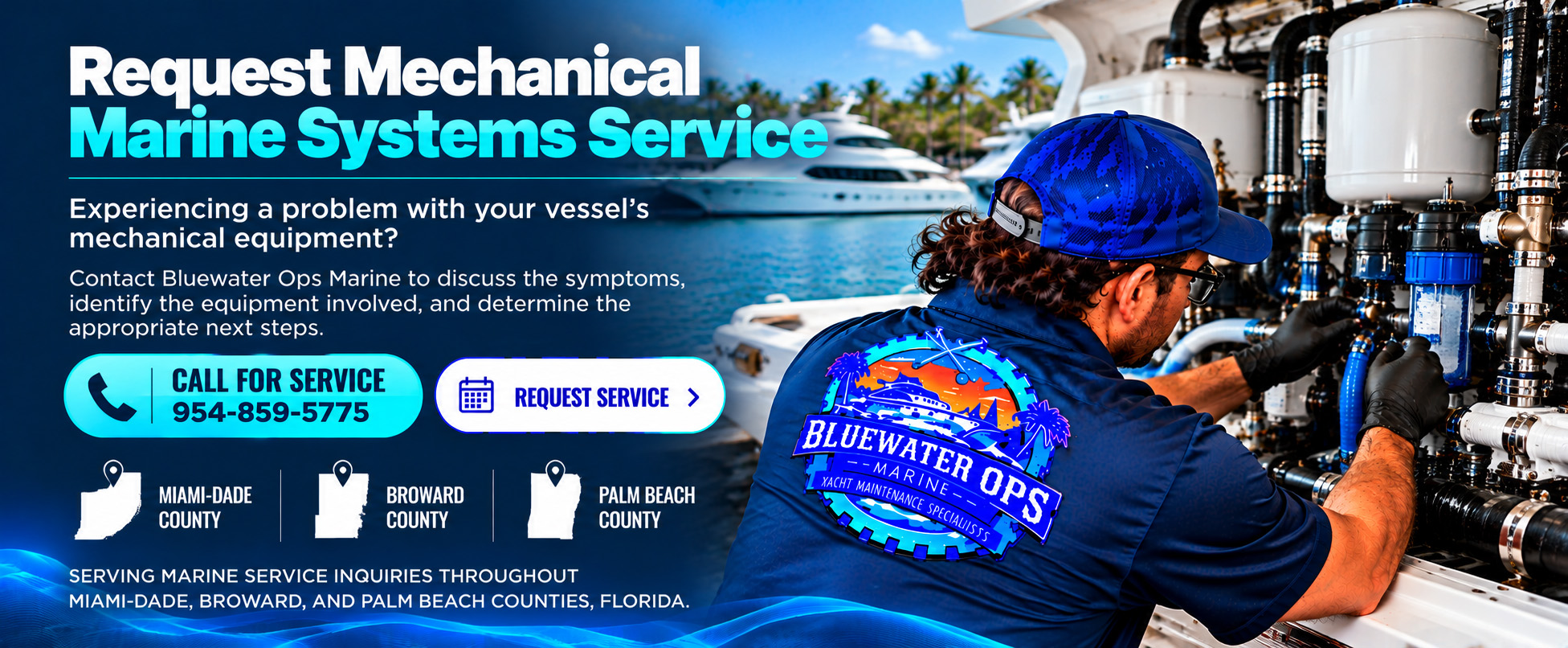 Bluewater Ops Marine technician inspecting pumps, piping, and mechanical equipment aboard a yacht, alongside a service banner with contact information for marine mechanical systems service in Miami-Dade, Broward, and Palm Beach Counties, Florida.