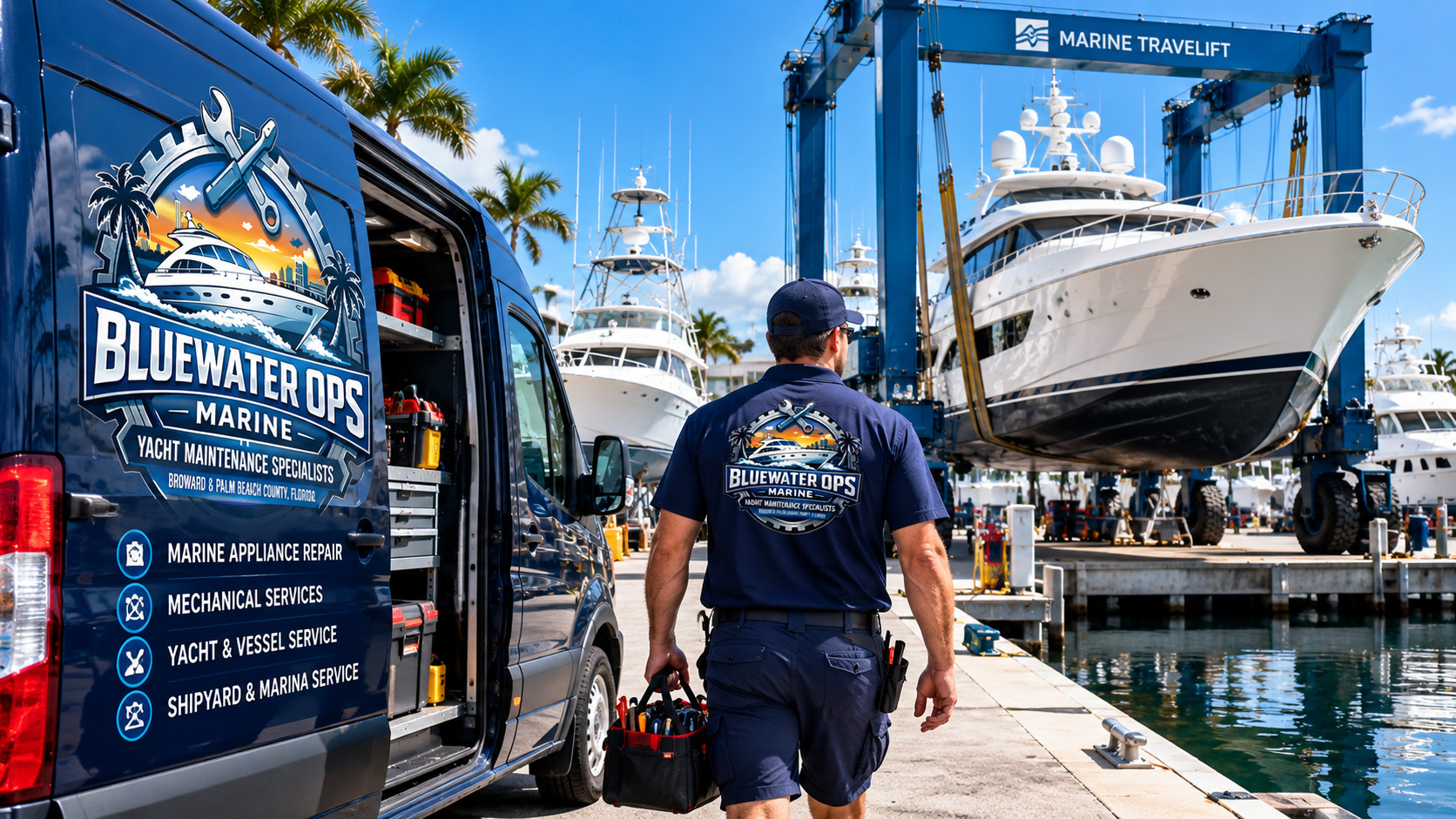 Bluewater Ops Marine technician providing marine service at a South Florida shipyard with a yacht