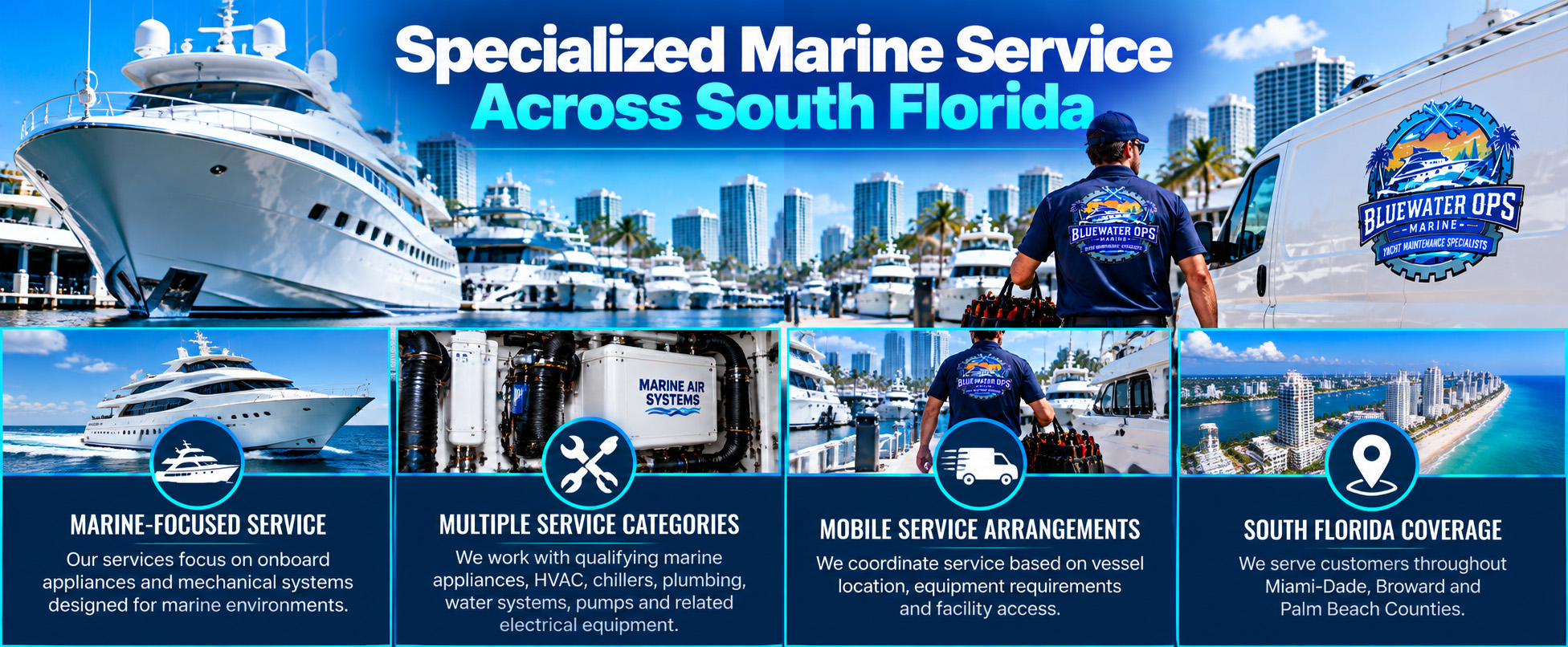 Bluewater Ops Marine providing specialized marine appliance and mechanical service for yachts throughout Miami-Dade, Broward and Palm Beach Counties