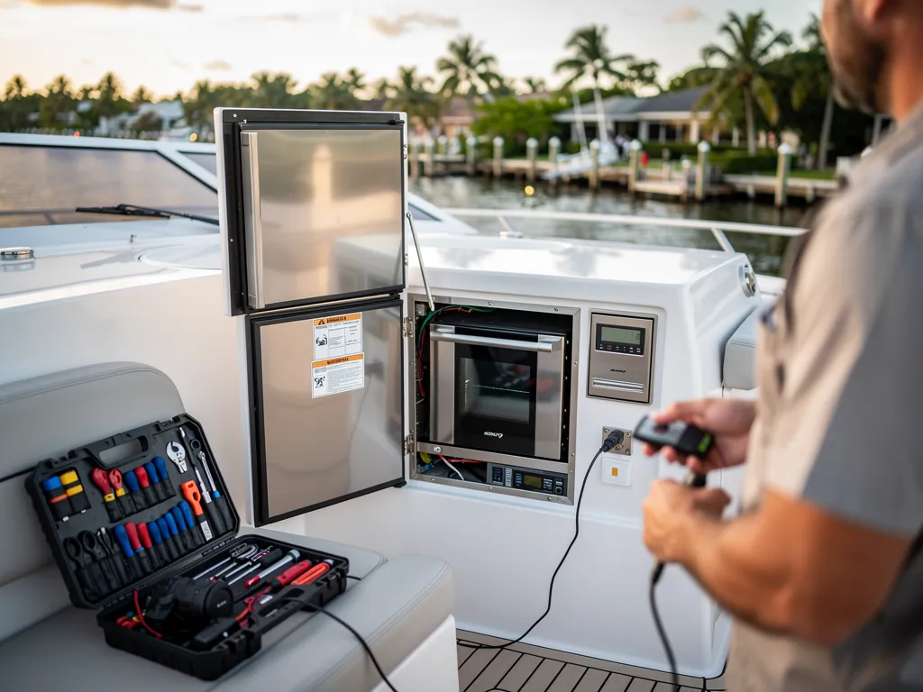 Yacht docked at a South Florida marina after marine appliance service