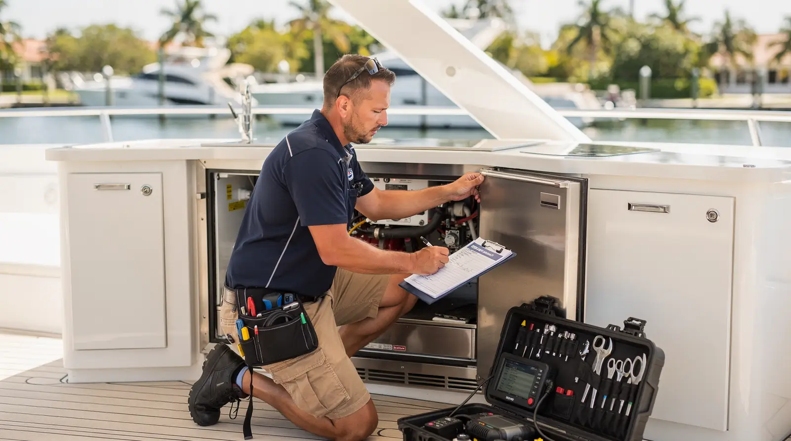 Technician inspecting yacht appliance systems aboard a vessel in South Florida
