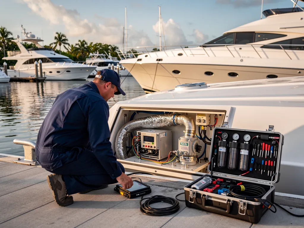 Yacht docked at South Florida marina after completed mechanical service