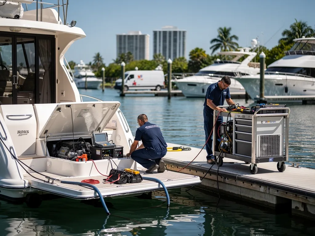 Mobile mechanic servicing electrical panel aboard a docked commercial vessel