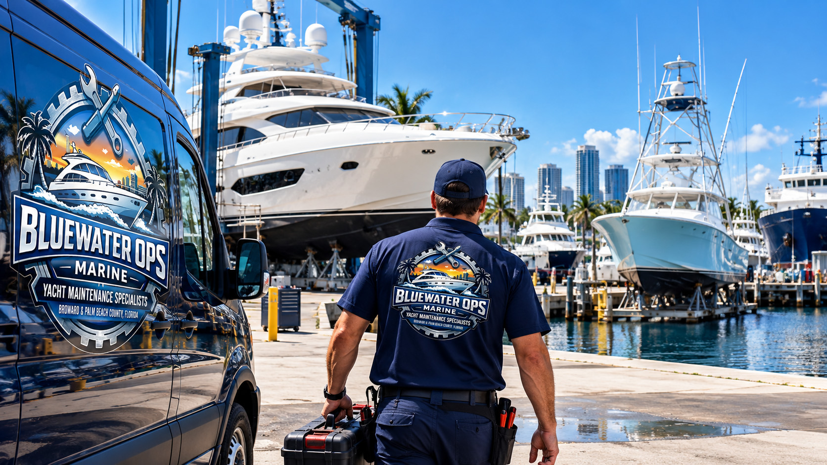 Marine technician providing service at a South Florida shipyard with luxury yachts and sportfishing boats